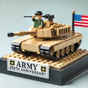Military tank building blocks set with minifigure soldier, US flag and display base.
