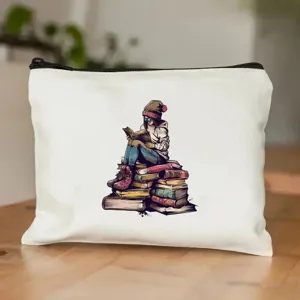 Borsa per trucco in tela bianca con stampa di ragazza che legge, astuccio con cerniera resistente.