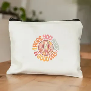 Borsa cosmetica con cerniera in tela bianca con stampa smiley floreale retrò per custodia.