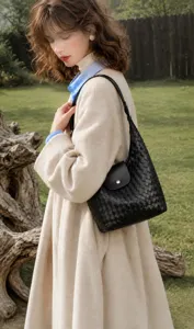 Sac à main tissé en cuir noir Élégant sac d'épaule fourre-tout style tendance chic