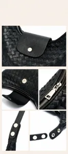 Détail de sac hobo en cuir tissé noir avec fermeture éclair et quincaillerie de qualité.