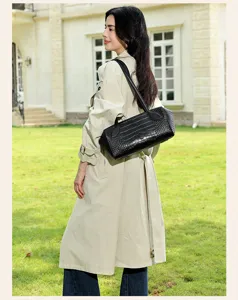Black crocodile pattern leather Boston shoulder bag for women commuter daily use detail view