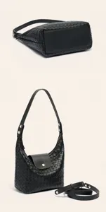 Vue détaillée du sac porté épaule en cuir tressé noir avec bandoulière réglable.