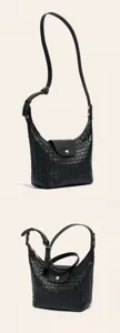 Sac bandoulière noir en cuir véritable tissé, design classique tressé avec rabat.