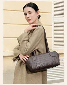 Brown genuine leather crocodile pattern boston shoulder bag for women, classic commuting handbag.