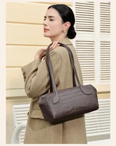 Brown crocodile pattern Boston shoulder bag, stylish women commuting handbag for daily wear.