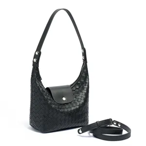 Sac bandoulière hobo en cuir tissé noir avec poignée supérieure et sangle amovible