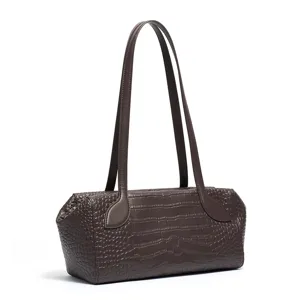 Dark brown crocodile embossed leather shoulder bag, chic vintage boston handbag for women.