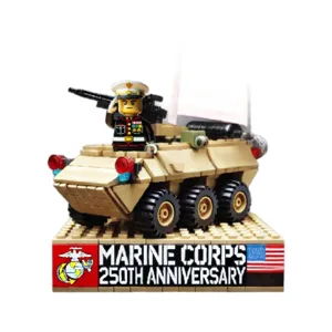 Military building blocks set, amphibious armored vehicle toy with marine minifigure.