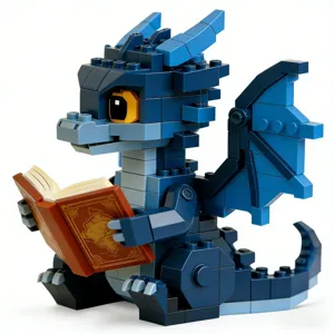 Simpatico giocattolo di costruzione drago blu con libro, set di mattoncini creativo per bambini.