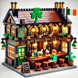 Ensemble de construction de rue pub irlandais de la Saint-Patrick avec lumières et figurines.