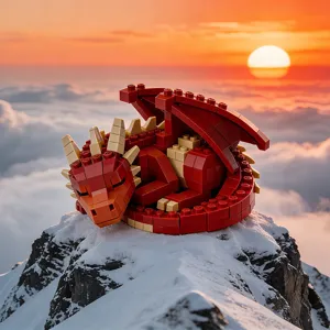 Jouet de construction dragon brique rouge, coucher de soleil montagne neige décor.