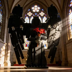 Jeu de construction de briques démon ange noir avec fleurs rouges, ensemble de figurines gothiques.