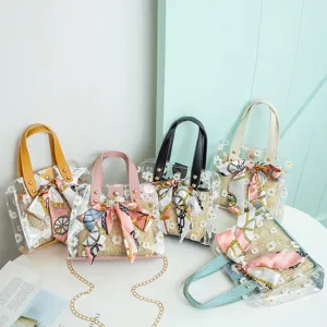 Sweet Transparent PVC Jelly Bag Composite Straw Inner Pouch Handbag Floral Printed Crossbody Shoulder Bag With Ribbon For Women