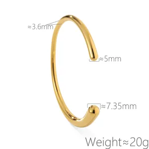 Minimalist titanium steel open cuff bangle with smooth finish and precise dimension details.