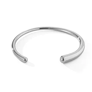 Minimalist smooth open cuff bracelet in titanium steel, clean polished metallic finish detail.