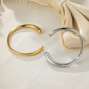 Minimalist open cuff bracelet smooth titanium steel metal bangle detail jewelry showcase