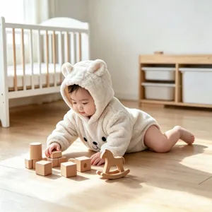 Cute baby winter fleece hooded romper with bear ears, warm soft infant bodysuit for daily wear.