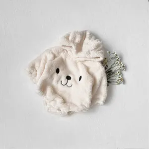 Infant winter fleece hooded baby romper detail, cute bear embroidery, soft cozy fabric.