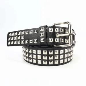 Punk style black leather belt featuring multi-row metal pyramid studs and silver square buckle.