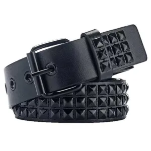 Black punk leather belt with metal square pyramid studs for men and women fashion wear.