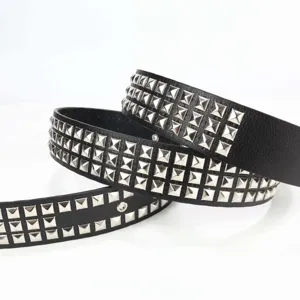 Black leather punk rock belt featuring three rows of gleaming metal square pyramid studs.