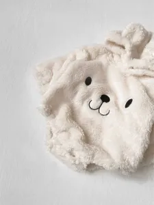 Cute fleece baby romper with bear embroidery detail, thick hooded bodysuit for autumn and winter.