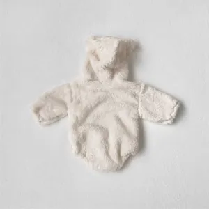 Infant thickened double-sided fleece hooded baby romper with cute bear ears detail view.