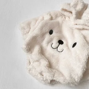 Cute fleece baby romper with bear embroidery, thickened hooded jumpsuit for autumn winter.