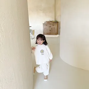 Conjunto Sudadera Acanalada Casual Niña Pequeña Bonita Aplicación Floral Otoño Ropa