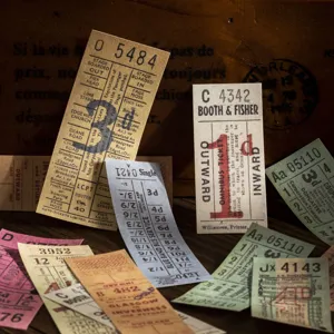 Vintage bus ticket journal stickers, retro tearable paper material for scrapbooking DIY crafts.