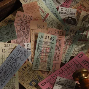 Vintage retro ticket stickers and journaling materials pack, perfect for scrapbooking art.
