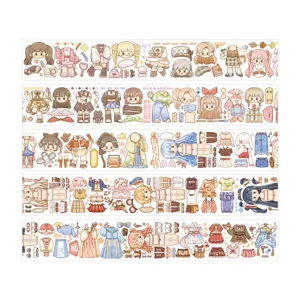 Cute cartoon girl dress up washi tape roll, magic wardrobe style DIY journaling sticker deco.