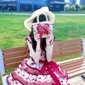 Lolita straw hat sweet lace sun protection hat summer garden style photo prop cute bow.