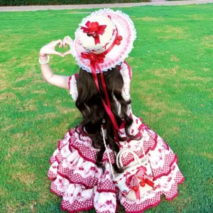 Sweet Lolita straw sun hat with red cherry decoration and lace brim, cute summer outdoor hat.