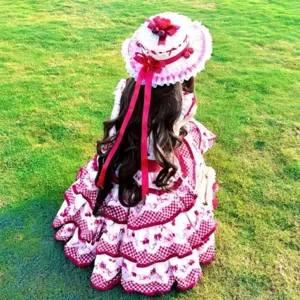 Lolita straw hat summer pastoral lace sun hat sweet cherry ribbon sunhat for girls main view