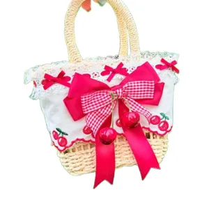 Sweet Lolita straw basket bag with cute red bows, lace trim, and cherry embroidery for summer.