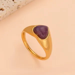 Minimalist 18K gold titanium steel purple heart stone ring, elegant fashion finger jewelry detail.