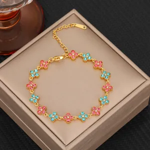 Gold titanium steel four leaf clover bracelet with colorful pink and blue zircon stones for women