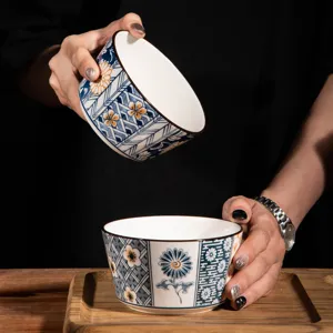 Japanese vintage ceramic rice bowl underglaze color floral pattern tableware kitchen use