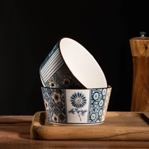 Japanese style ceramic rice bowl detail shot, retro underglaze blue floral pattern tableware