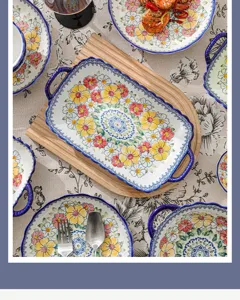 Bohemian floral ceramic tableware set, double handle serving tray and plates for home kitchen use.