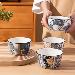 Japanese style ceramic rice bowl set, underglaze retro floral pattern for home dining.