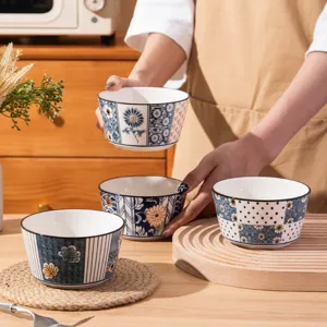 Japanese vintage ceramic rice bowl set, underglaze floral pattern tableware for home dining.