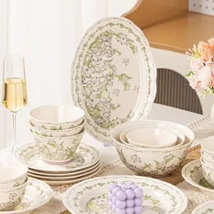 Style Japonais Céramique Sous-glaçure Plat Lotus Petit Motif d'Orchidée Assiette Dîner Cuisine Vaisselle