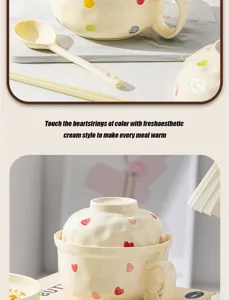Cute ceramic ramen bowl with lid and handle, cream style noodle bowl for students daily use.