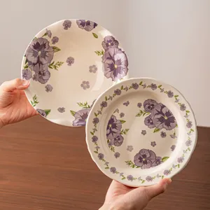 Purple Floral Underglaze Ceramic Tableware Set Milky White Glaze Bowl Plate For Home Kitchen Dining