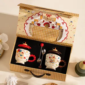 Cartoon Bear Ceramic Mug Set With Lid And Spoon Underglaze Cute Coffee Milk Cup With Gift Box For Birthday Home