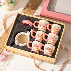 Pastoral ceramic tea set with teapot and 6 cups, elegant gift box for home afternoon tea.