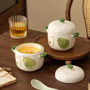 Pot à Mijoter en Céramique Peint à la Main Avec Doubles Couvercles Oreilles Motif Poire Verte Vaisselle de Cuisine Bol à Soupe